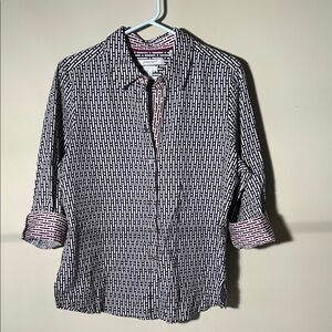 Foxcroft Navy, White, and Purple Geometric Button Up Blouse